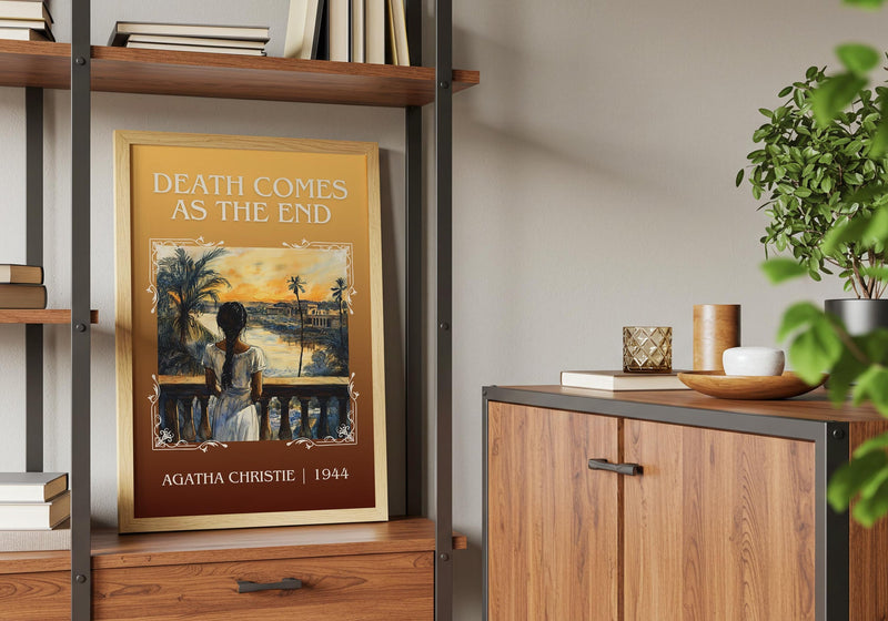 Death Comes as the End classic book art print framed by window – literary home decor