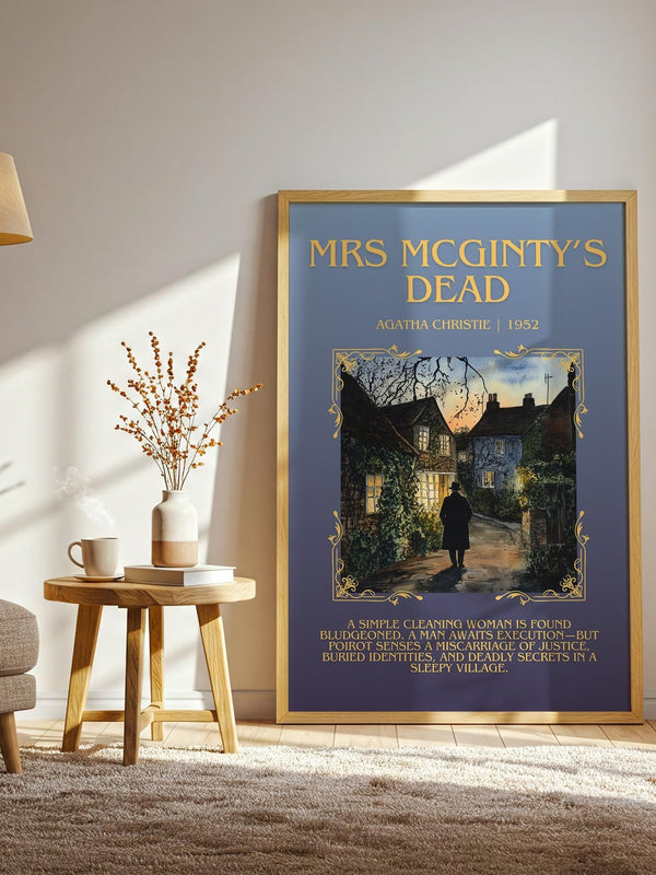 Mrs McGinty's Dead minimalist print framed by window – literary home decor