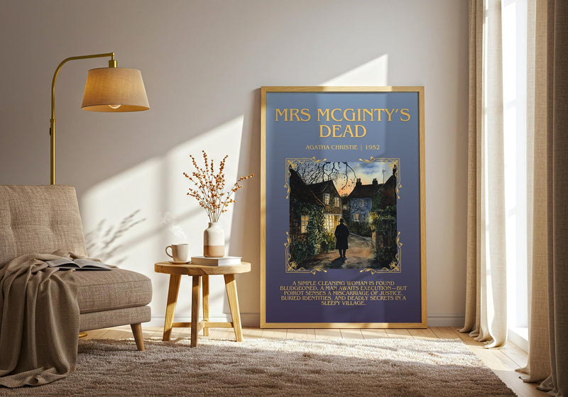 Mrs McGinty's Dead minimalist print framed by window – literary home decor