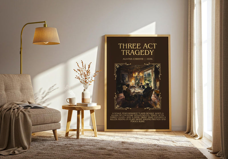 Three Act Tragedy minimalist print framed by window – literary home decor