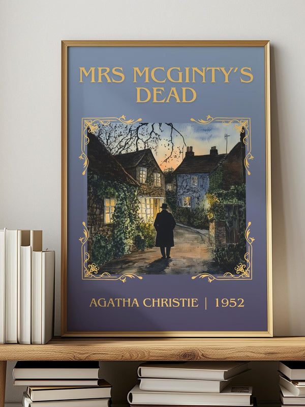 Mrs McGinty's Dead classic book art print in frame leaning in hallway – mystery wall art