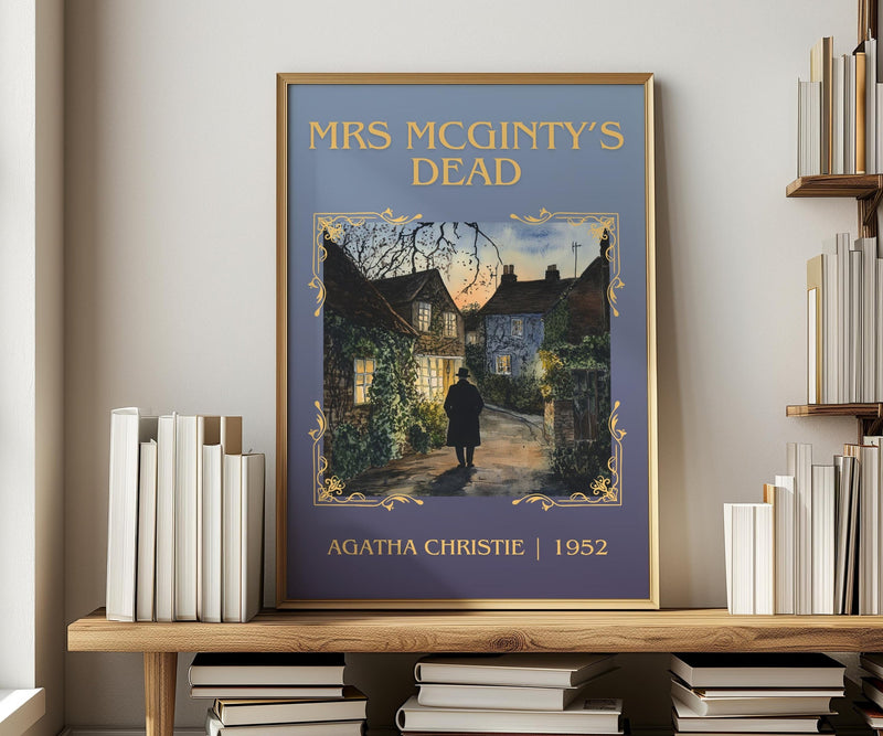 Mrs McGinty's Dead classic book art print in frame leaning in hallway – mystery wall art