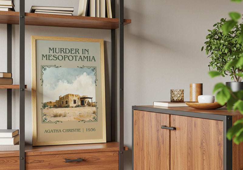 Murder in Mesopotamia classic book art print framed by window – literary home decor