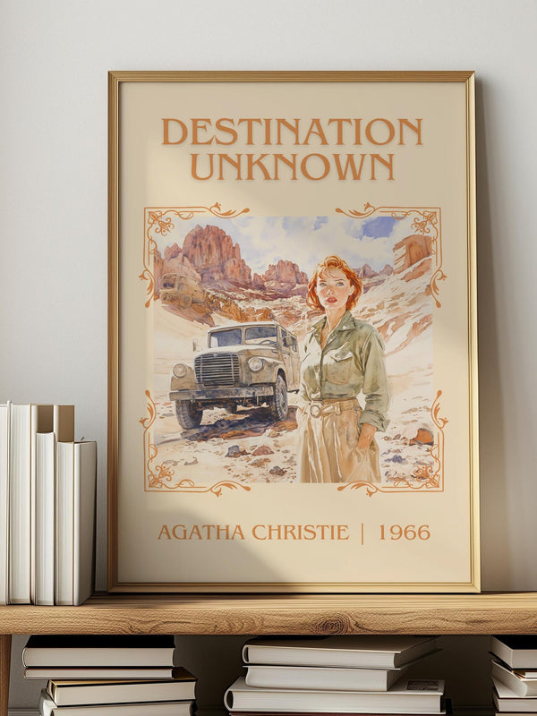 Destination Unknown classic book art print in frame leaning in hallway – mystery wall art