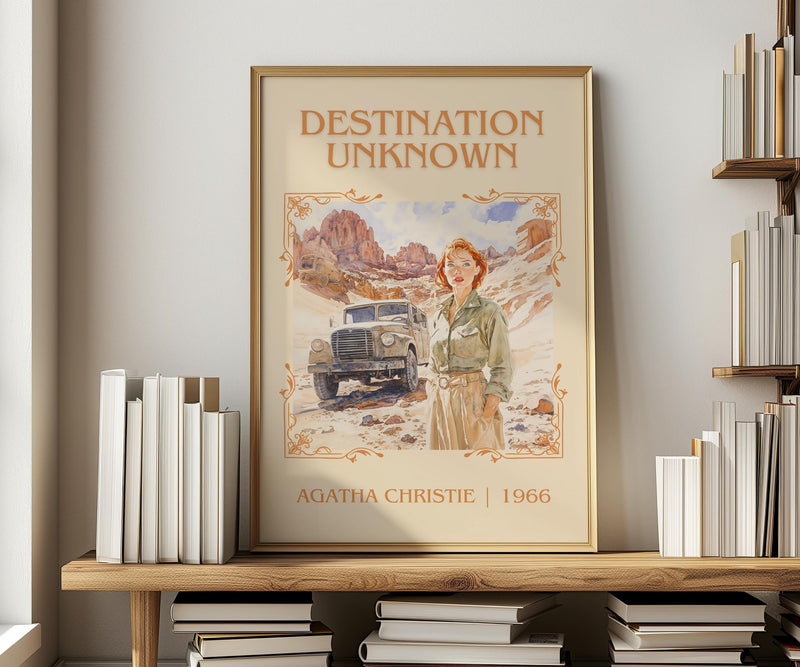 Destination Unknown classic book art print in frame leaning in hallway – mystery wall art