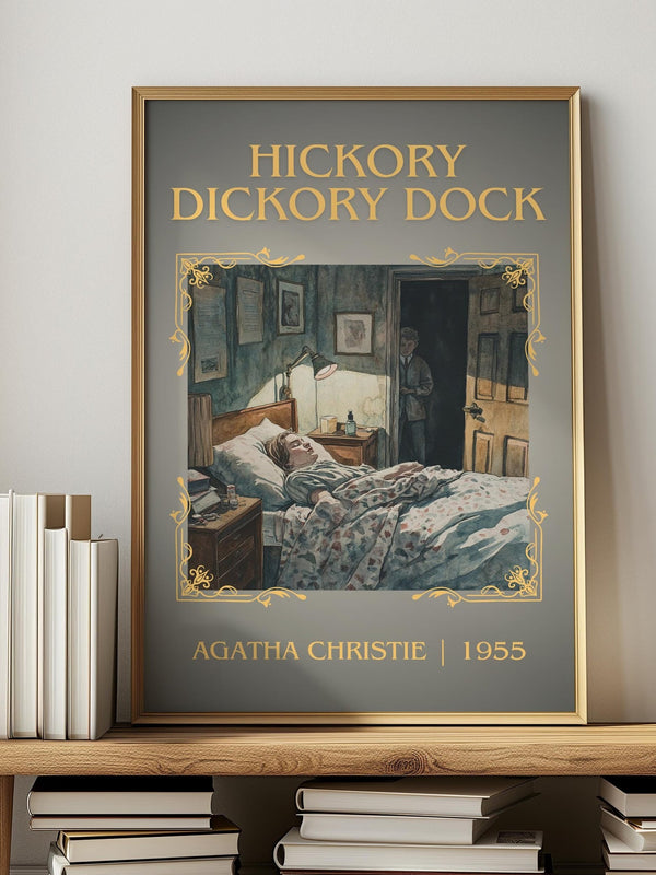 Hickory Dickory Dock classic book art print in frame leaning in hallway – mystery wall art