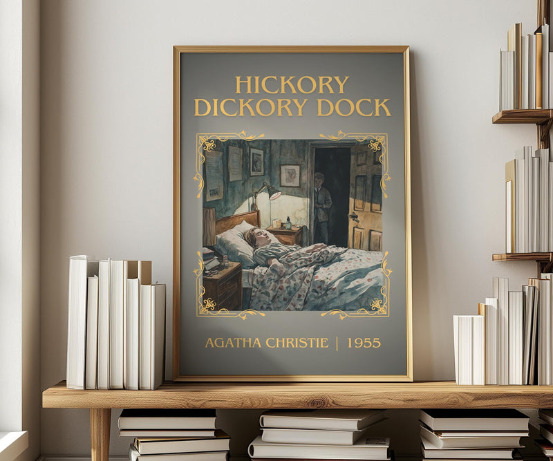 Hickory Dickory Dock classic book art print in frame leaning in hallway – mystery wall art