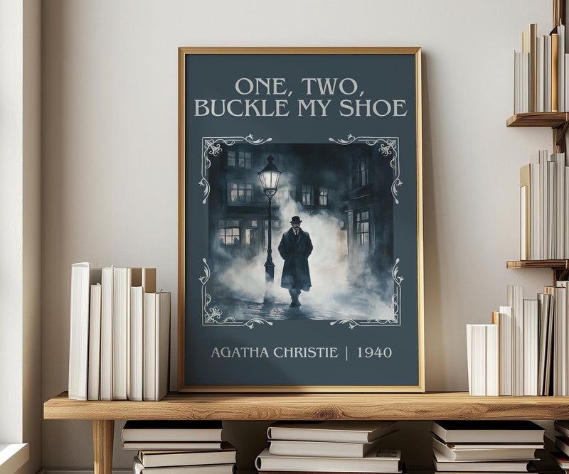 One, Two, Buckle My Shoe classic book art print in frame leaning in hallway – mystery wall art