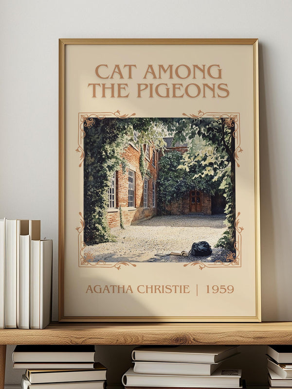 Cat Among the Pigeons classic book art print in frame leaning in hallway – mystery wall art