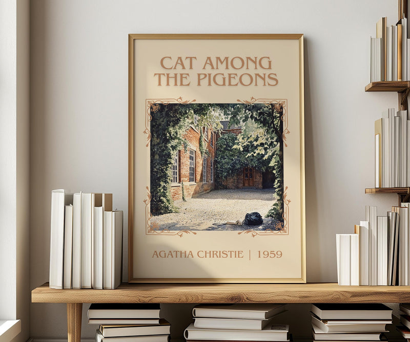 Cat Among the Pigeons classic book art print in frame leaning in hallway – mystery wall art