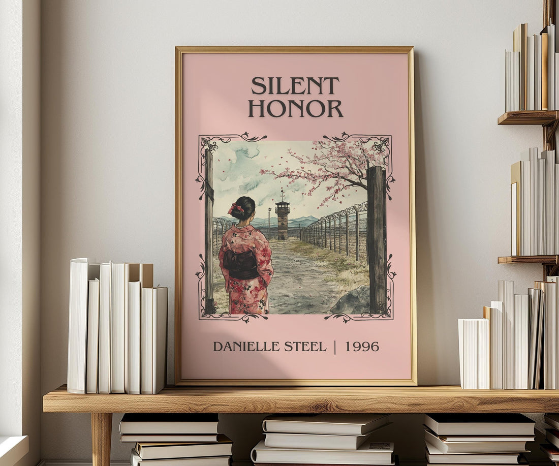 Silent Honour classic book art print in frame leaning in hallway – historical fiction wall art (mockup)