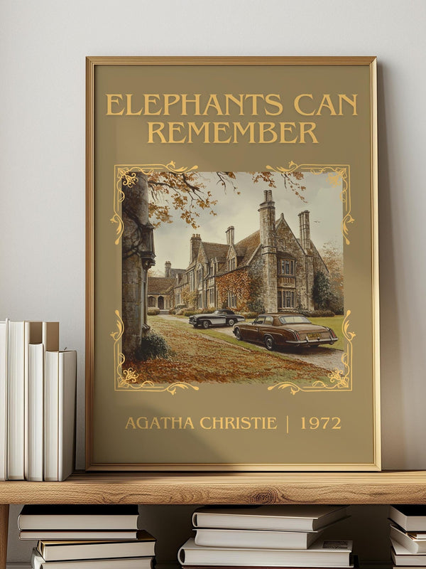 Elephants Can Remember classic book art print in frame leaning in hallway – mystery wall art