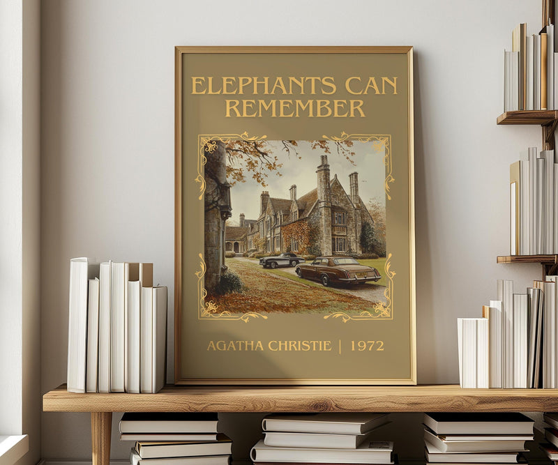 Elephants Can Remember classic book art print in frame leaning in hallway – mystery wall art