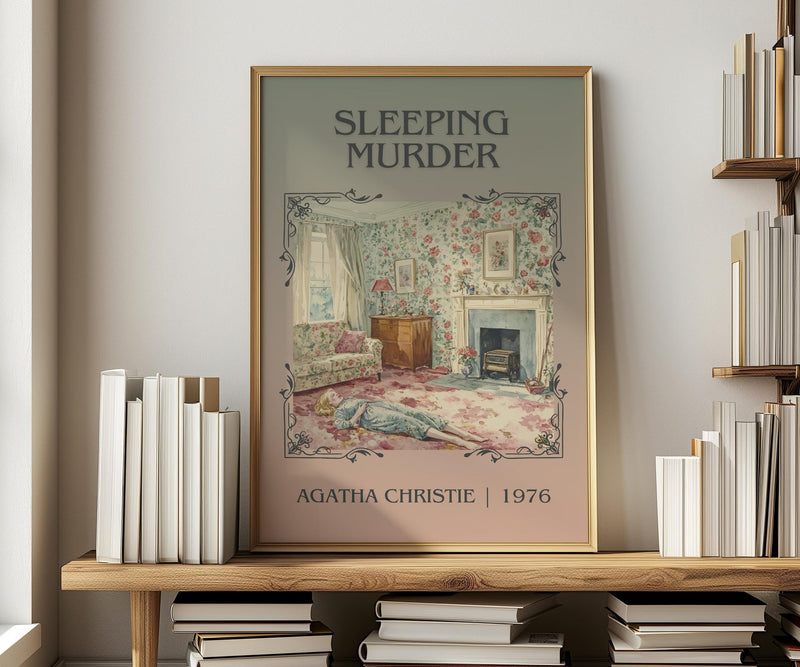 Sleeping Murder classic book art print in frame leaning in hallway – mystery wall art