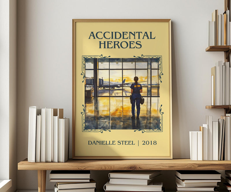 Accidental Heroes classic book art print in frame leaning in hallway – contemporary fiction wall art