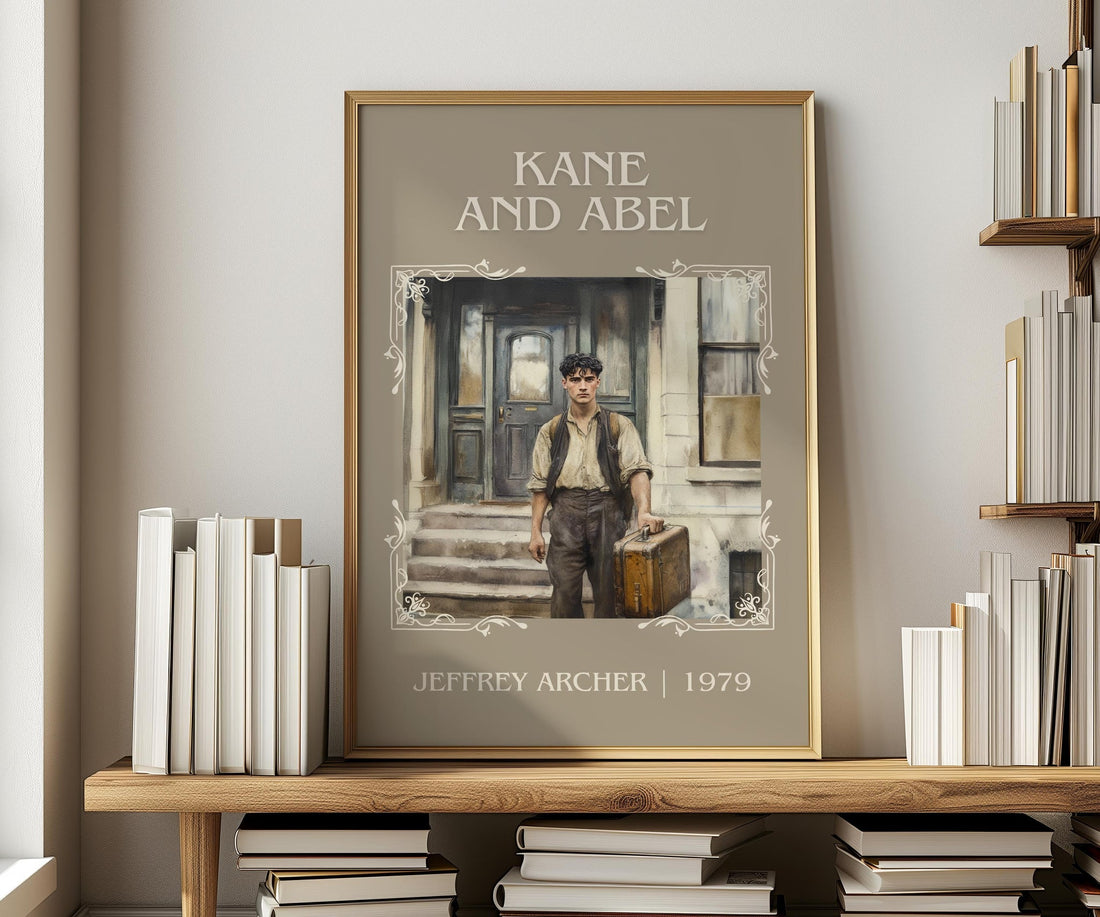 Kane and Abel classic book art print in frame leaning in hallway – contemporary fiction wall art (mockup)