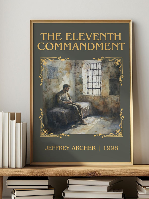 The Eleventh Commandment classic book art print in frame leaning in hallway – thriller wall art