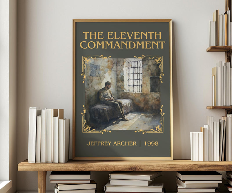 The Eleventh Commandment classic book art print in frame leaning in hallway – thriller wall art