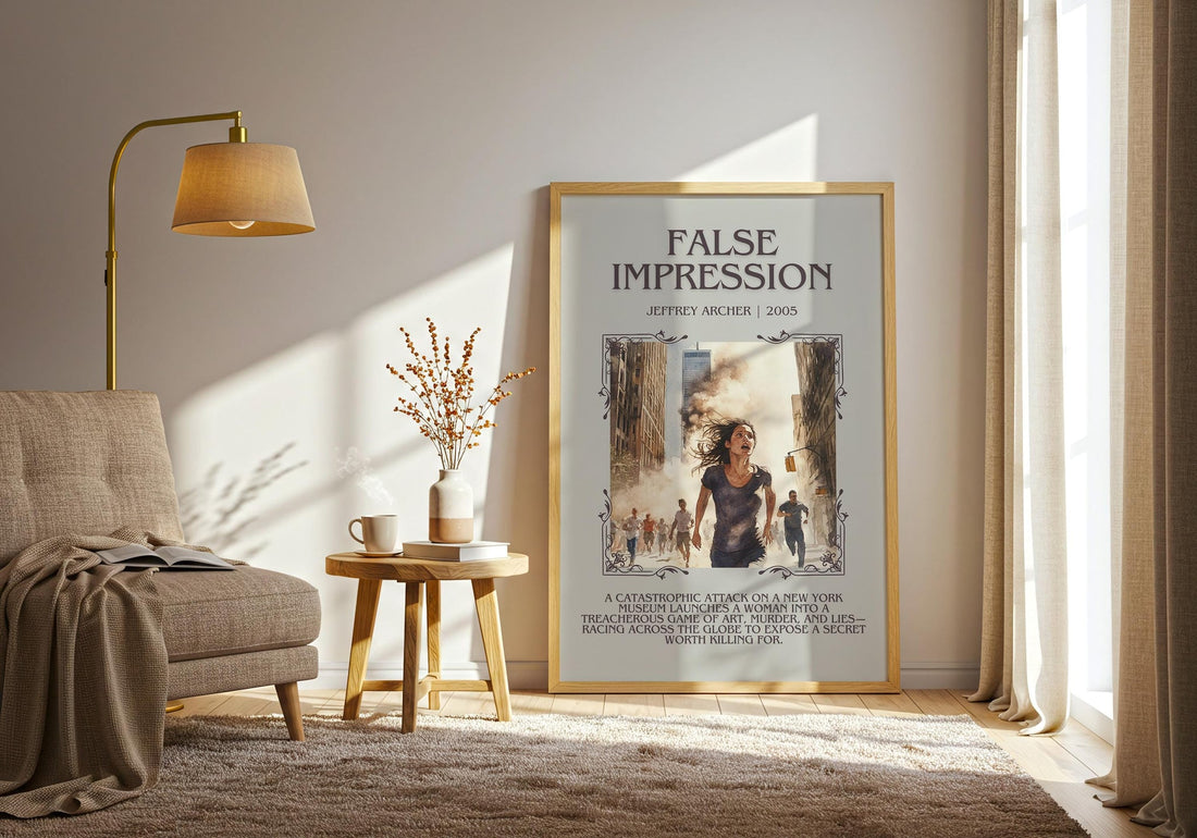 False Impression minimalist print framed by window – literary home decor (mockup)