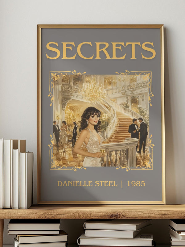 Secrets classic book art print in frame leaning in hallway – contemporary fiction wall art