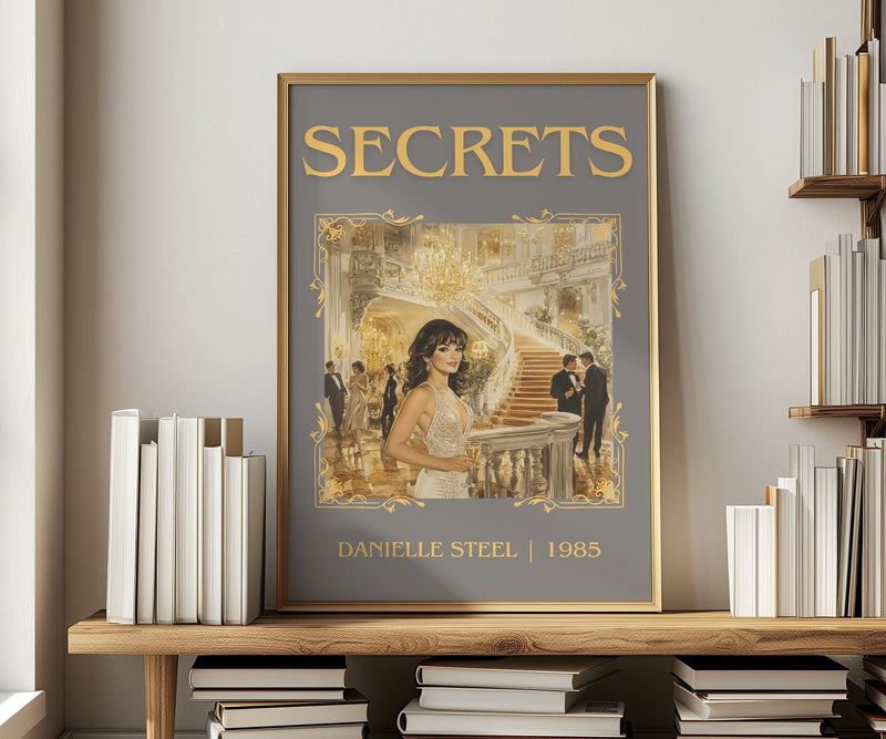Secrets classic book art print in frame leaning in hallway – contemporary fiction wall art