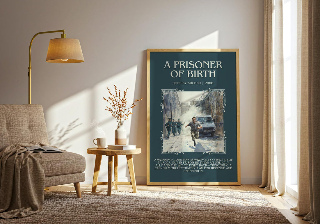A Prisoner of Birth minimalist print framed by window – literary home decor (mockup)