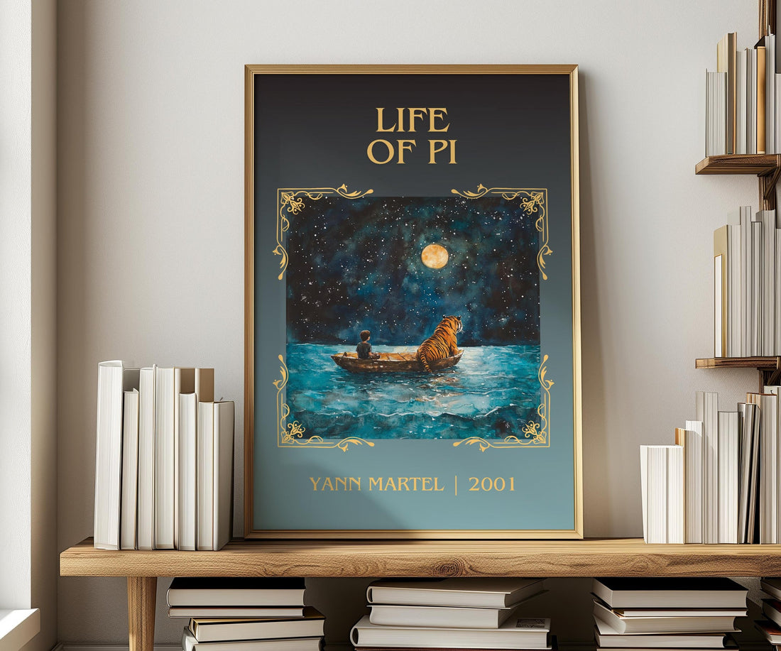 Life of Pi classic book art print in frame leaning in hallway – literary fiction wall art (mockup)