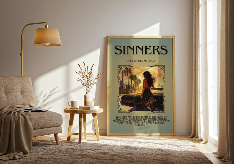 Sinners minimalist print framed by window – literary home decor