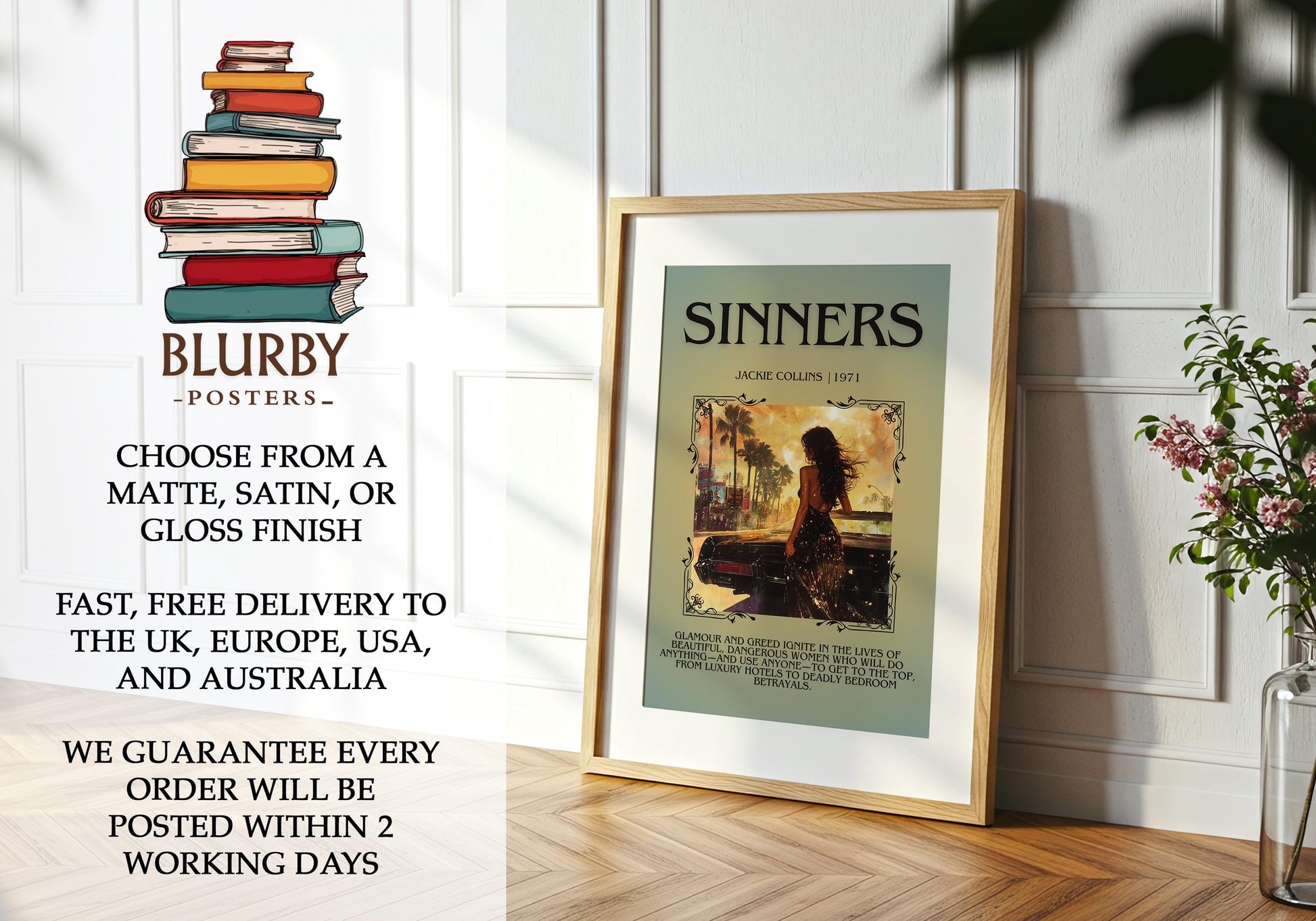 Sinners by Jackie Collins | Descriptive Book Poster | Blurby