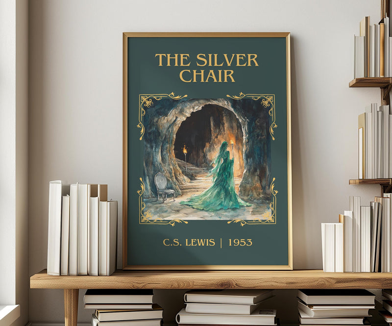 The Silver Chair classic book art print in frame leaning in hallway – childrens wall art
