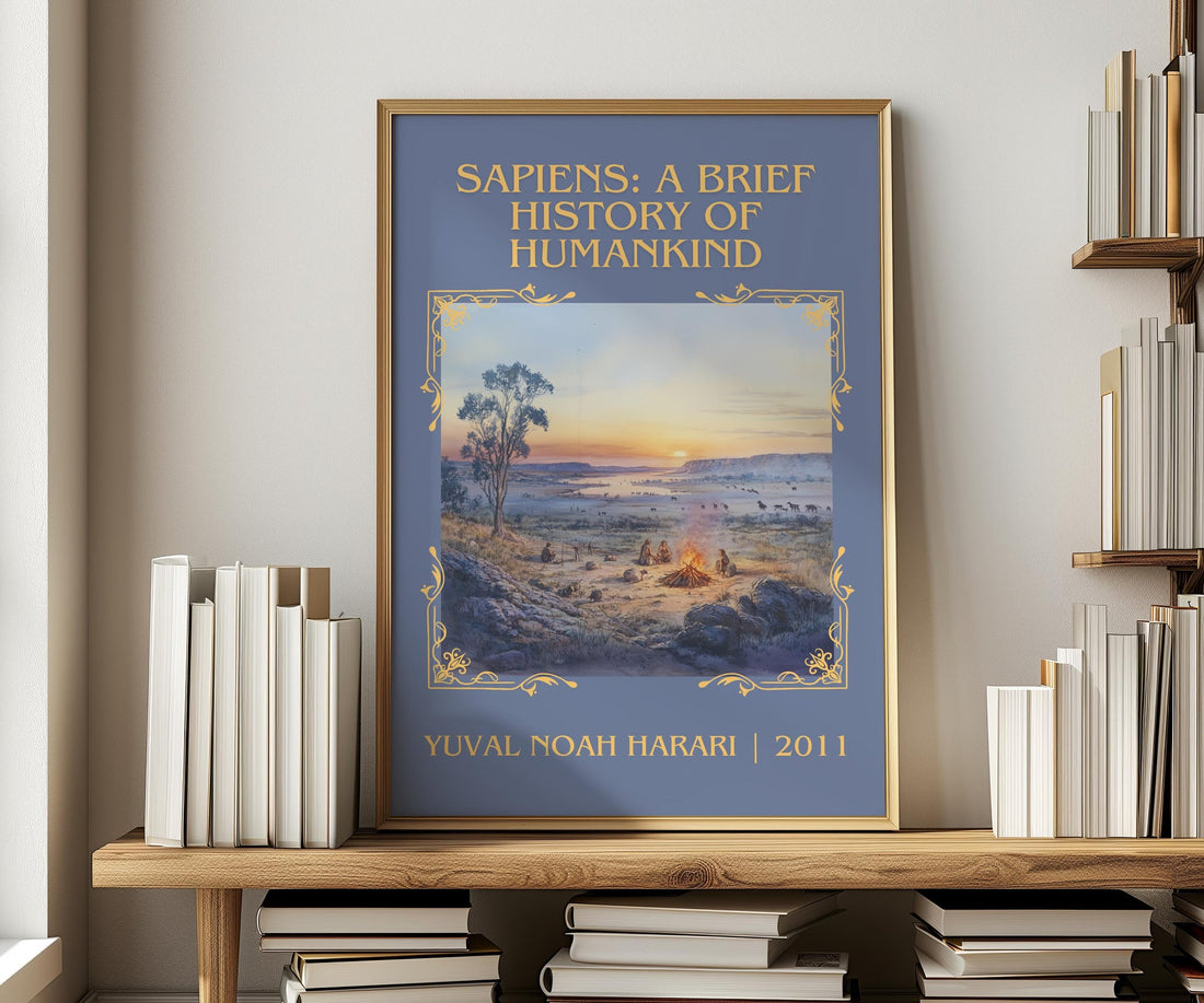 Sapiens: A Brief History of Humankind classic book art print in frame leaning in hallway – non fiction wall art (mockup)