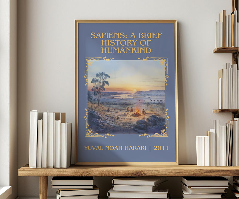 Sapiens: A Brief History of Humankind classic book art print in frame leaning in hallway – non fiction wall art