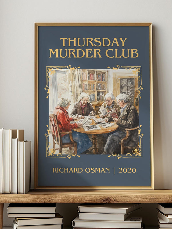 Thursday Murder Club classic book art print in frame leaning in hallway – crime wall art