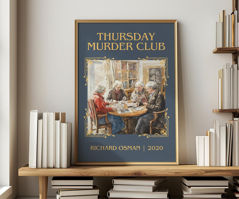Thursday Murder Club classic book art print in frame leaning in hallway – crime wall art