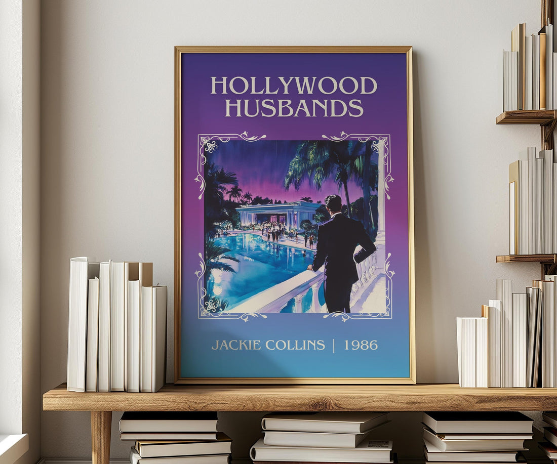Hollywood Husbands classic book art print in frame leaning in hallway – romance wall art (mockup)