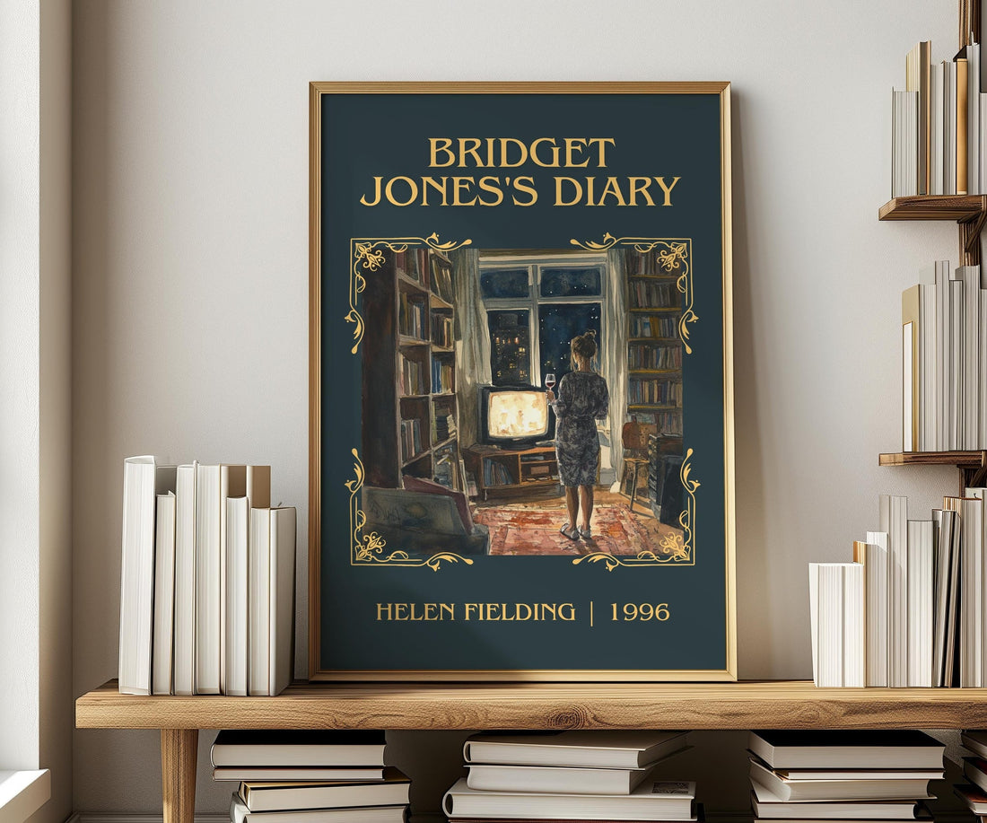 Bridget Jones's Diary classic book art print in frame leaning in hallway – romance wall art (mockup)