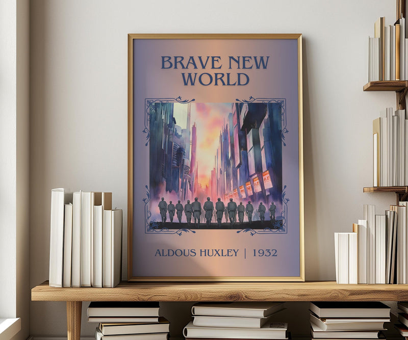 Brave New World classic book art print in frame leaning in hallway – dystopian wall art