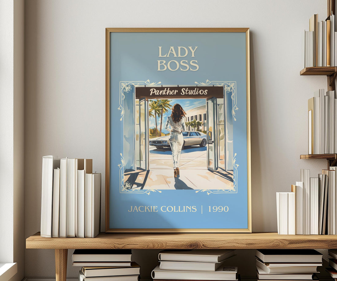 Lady Boss classic book art print in frame leaning in hallway – romance wall art (mockup)