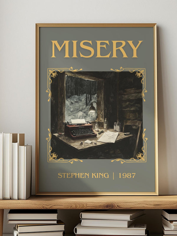Misery classic book art print in frame leaning in hallway – horror wall art