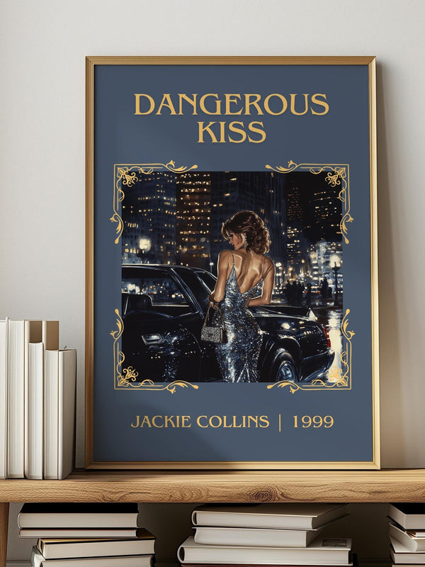Dangerous Kiss classic book art print in frame leaning in hallway – romance wall art
