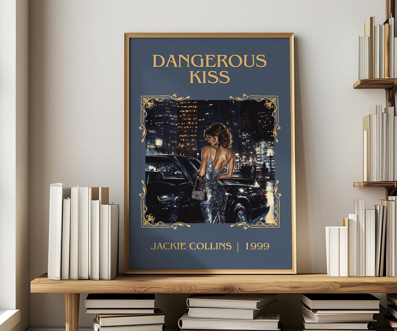 Dangerous Kiss classic book art print in frame leaning in hallway – romance wall art