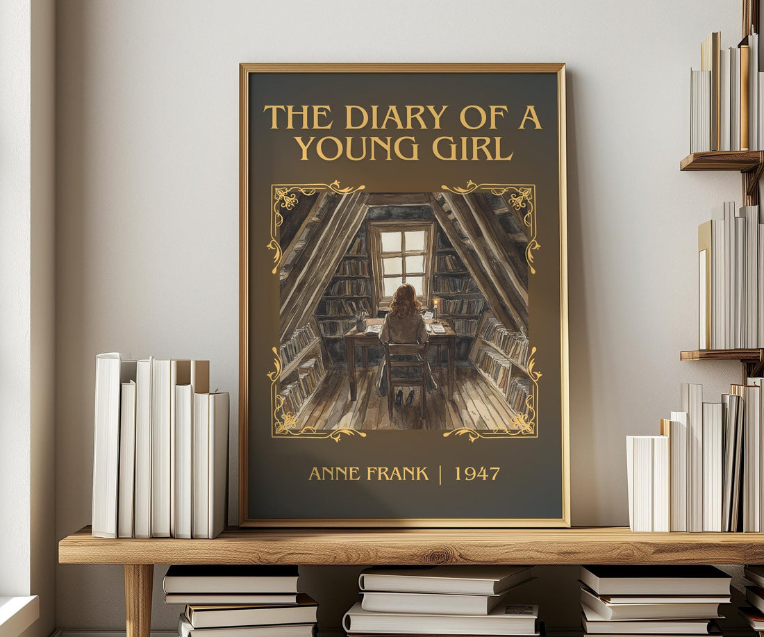 The Diary Of A Young Girl classic book art print in frame leaning in hallway – memoir wall art (mockup)