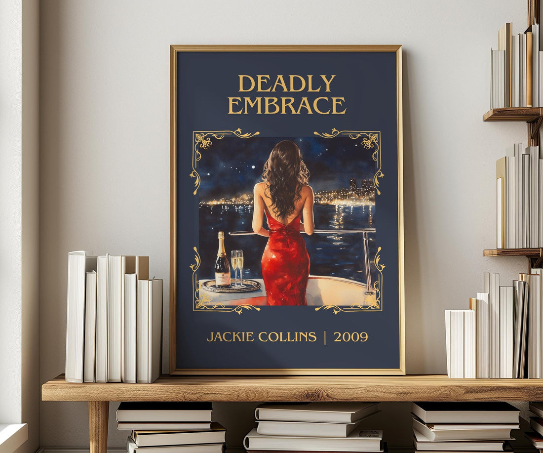 Deadly Embrace classic book art print in frame leaning in hallway – romance wall art (mockup)