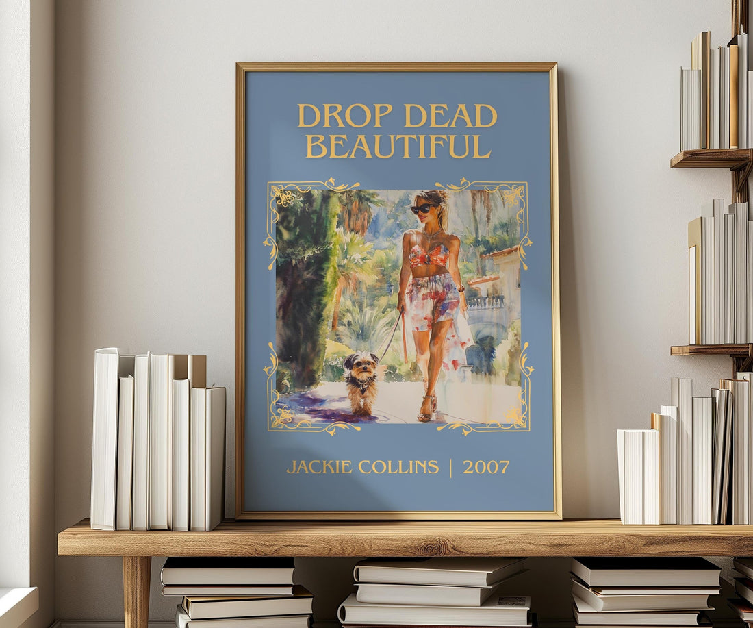 Drop Dead Beautiful classic book art print in frame leaning in hallway – romance wall art (mockup)