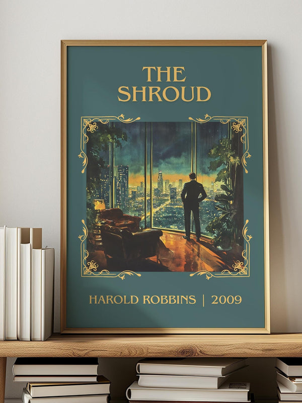 The Shroud classic book art print in frame leaning in hallway – thriller wall art