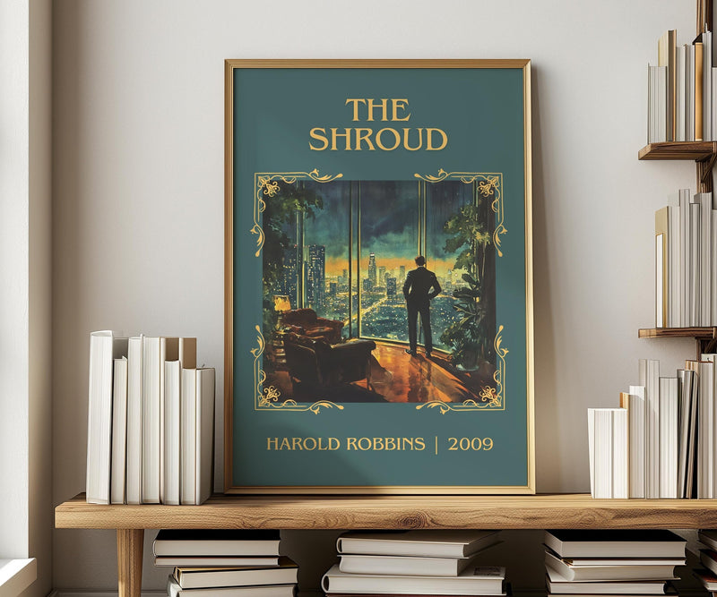 The Shroud classic book art print in frame leaning in hallway – thriller wall art