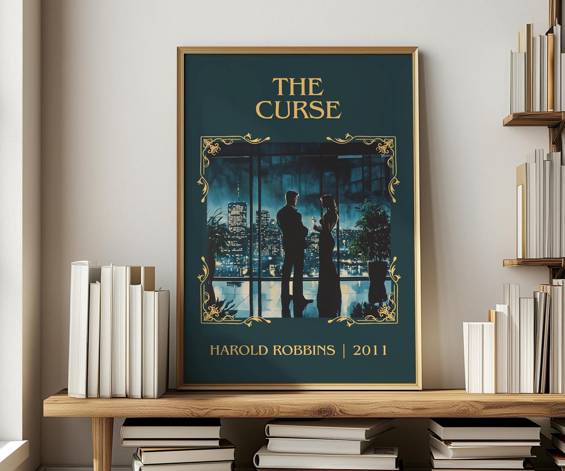 The Curse classic book art print in frame leaning in hallway – thriller wall art (mockup)