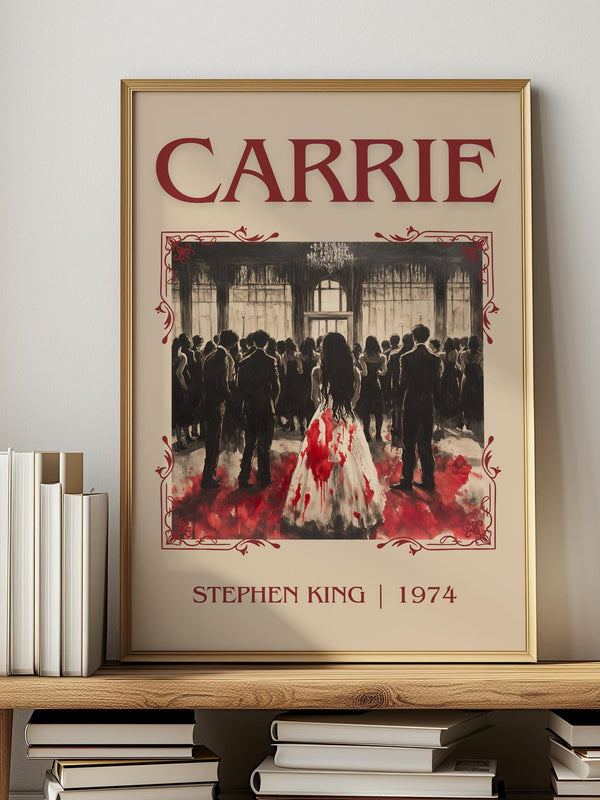 Carrie classic book art print in frame leaning in hallway – horror wall art