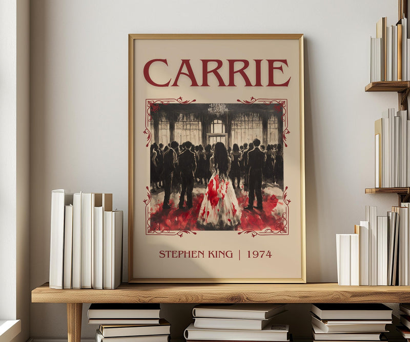 Carrie classic book art print in frame leaning in hallway – horror wall art