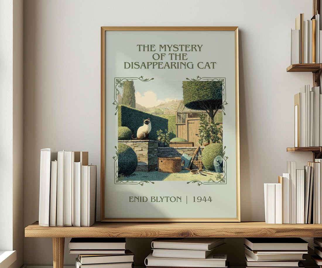 The Mystery of the Disappearing Cat classic book art print in frame leaning in hallway – mystery wall art (mockup)